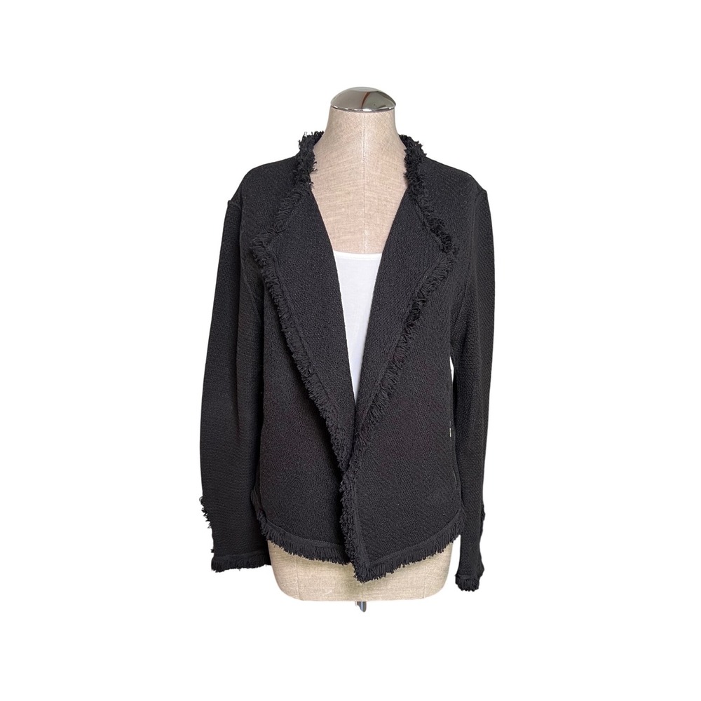 Nic + Zoe Black Textured Fringe Trim Open Front Jacket Estimated XL